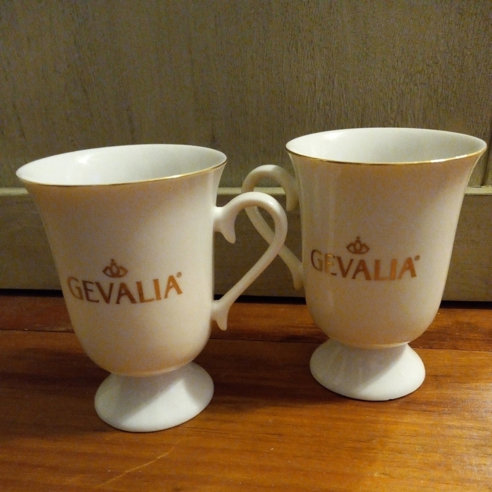 GEVALIA  Pedastal Mugs, Set of Two.  White Ivory Trimmed With Gold.9